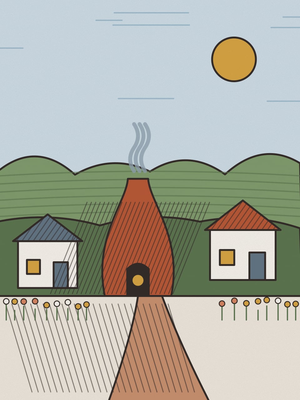 A bottle kiln on a green hill between two white cottages, smoke rising