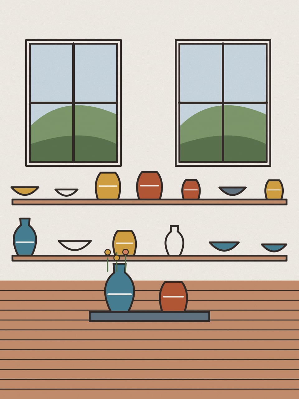 The showroom: two windows over shelves of jugs, bowls and vases